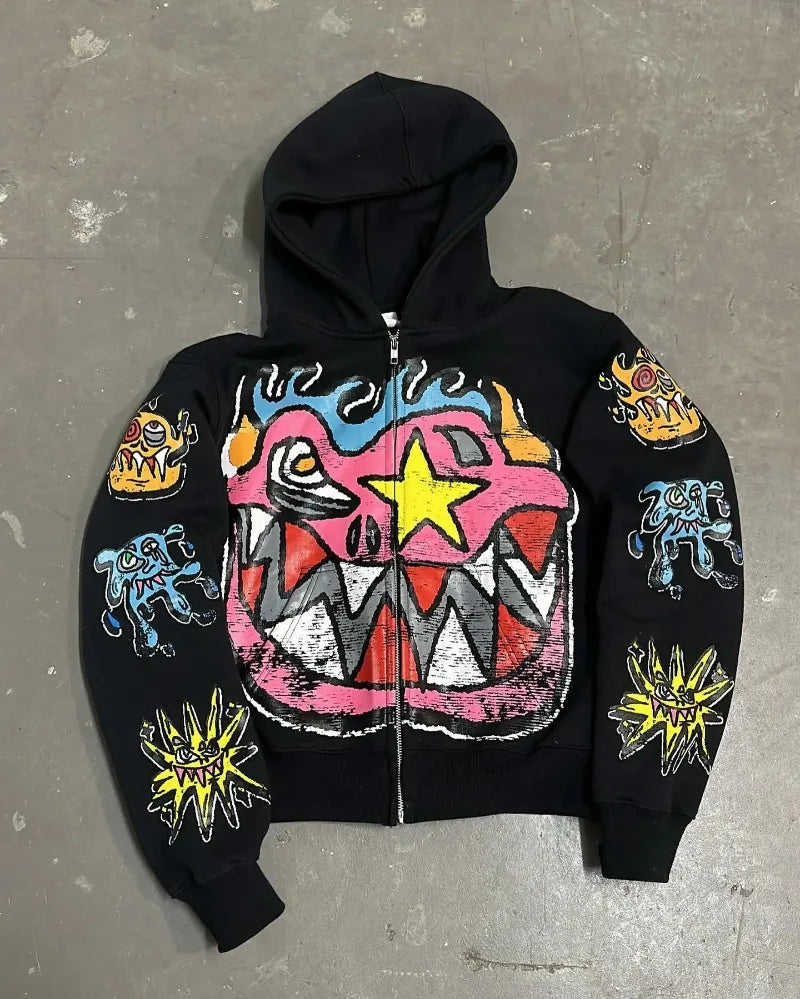 Cartoon Face Graphic Full Zip Hoodie